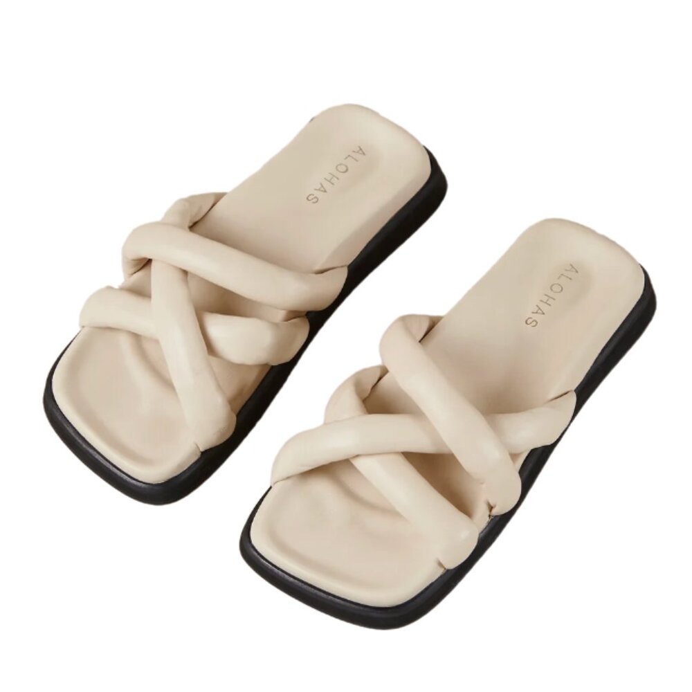 Alohas | Slip on Cross White Leather Flat Minimalist Sandals